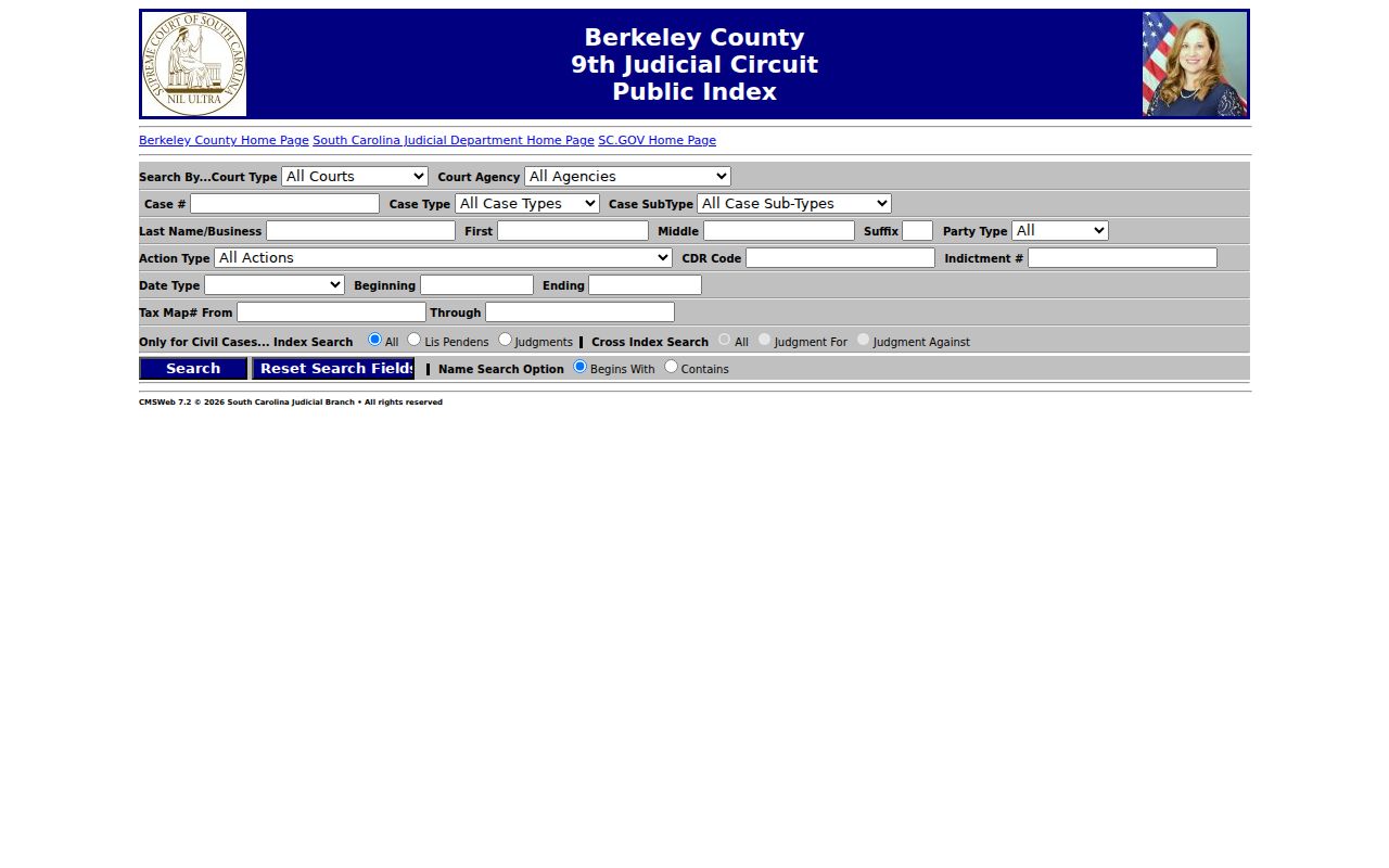 Berkeley County warrant check using the blank Public Index entry point