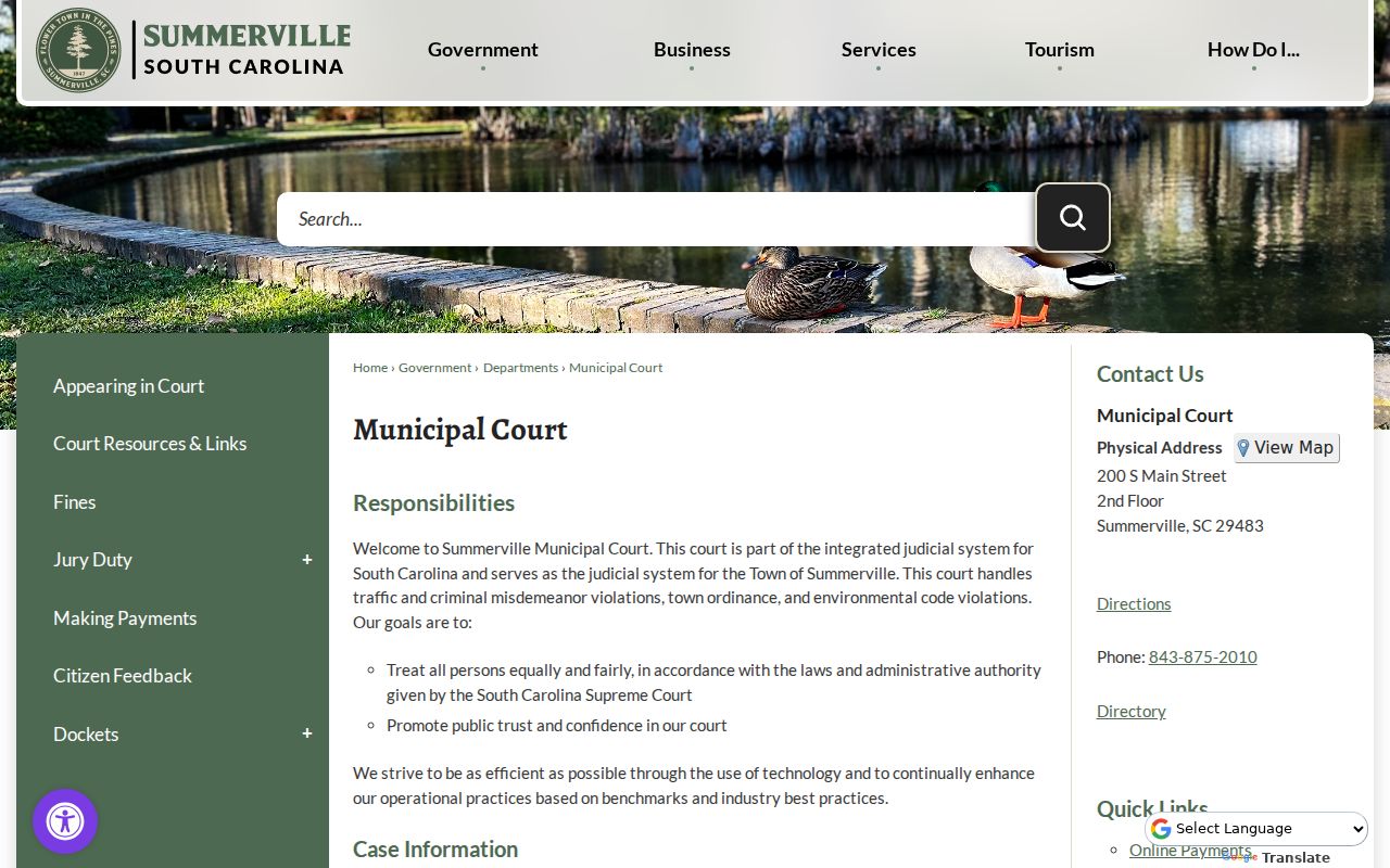 Summerville warrant records and Municipal Court contact page