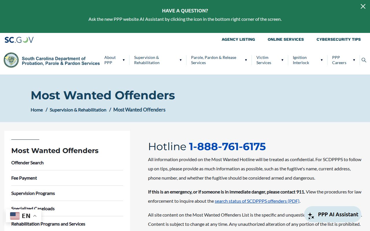 Official South Carolina fugitive program tip information for Berkeley County readers