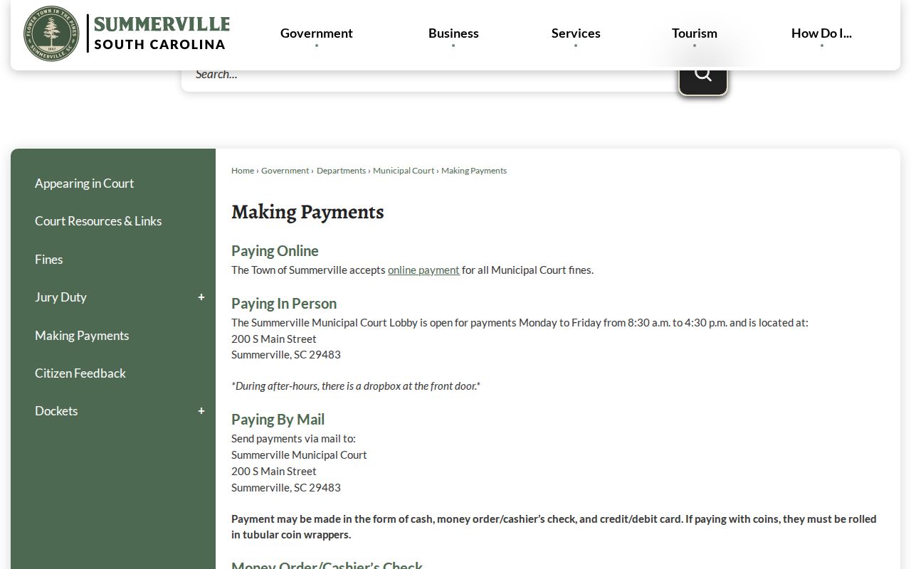 Summerville warrant records and municipal ticket payment methods