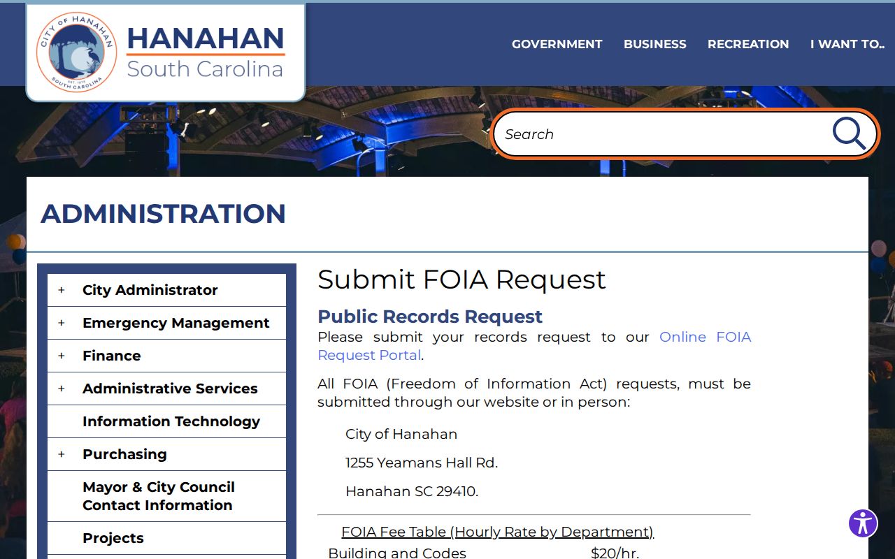 Hanahan warrant records and city FOIA request fees and timelines